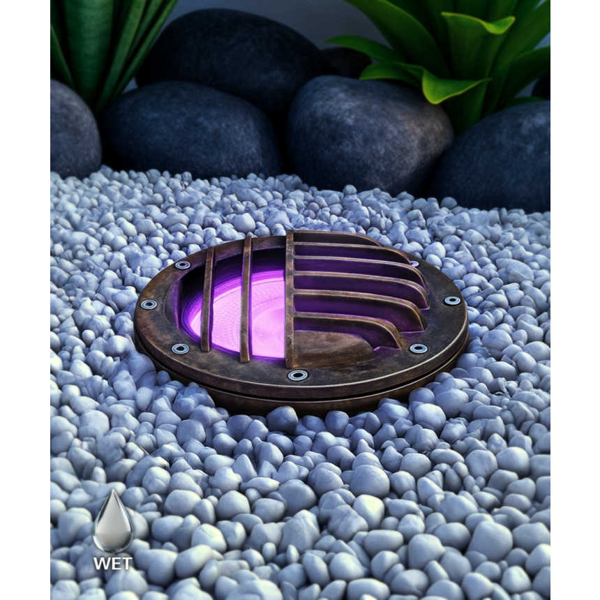 Alcon 9043 LED Well Light shown in a bronze with a purple light