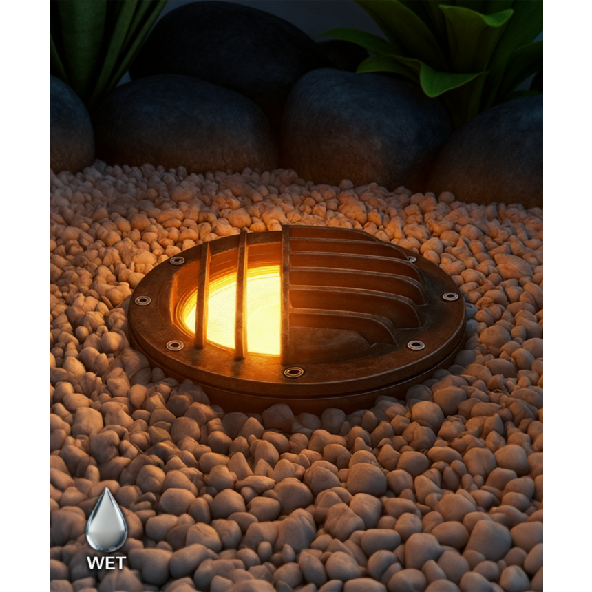 Alcon 9043 LED Well Light shown in a bronze finish with turtle friendly light