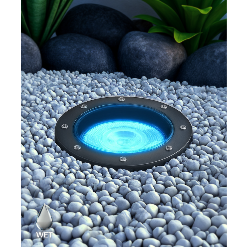 Alcon 9044 LED Well Light shown in a black finish with blue light