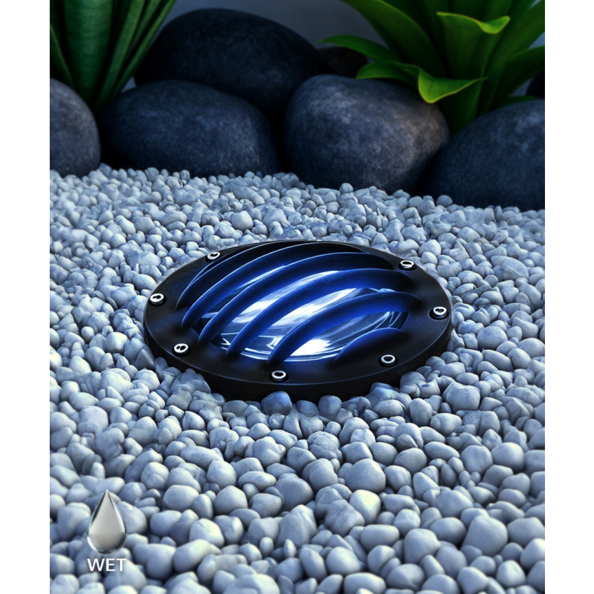Alcon 9045 LED Well Light shown in a black finish with blue light