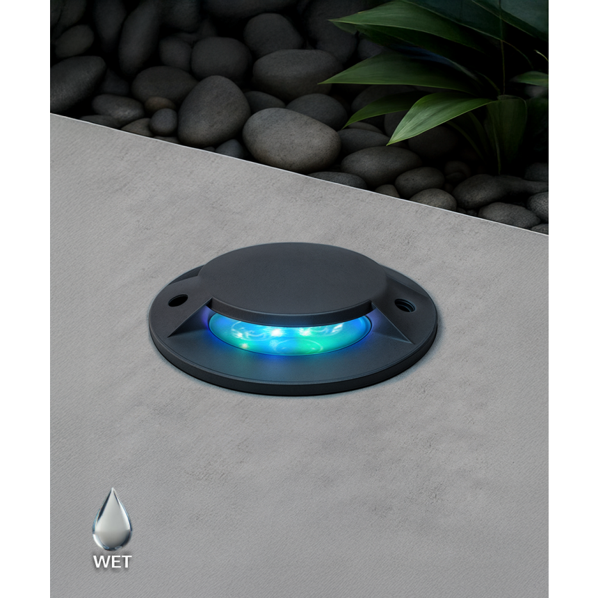 Alcon 9071-RGBW 5-inch in-ground LED well light shown with a circular aluminum light head.
