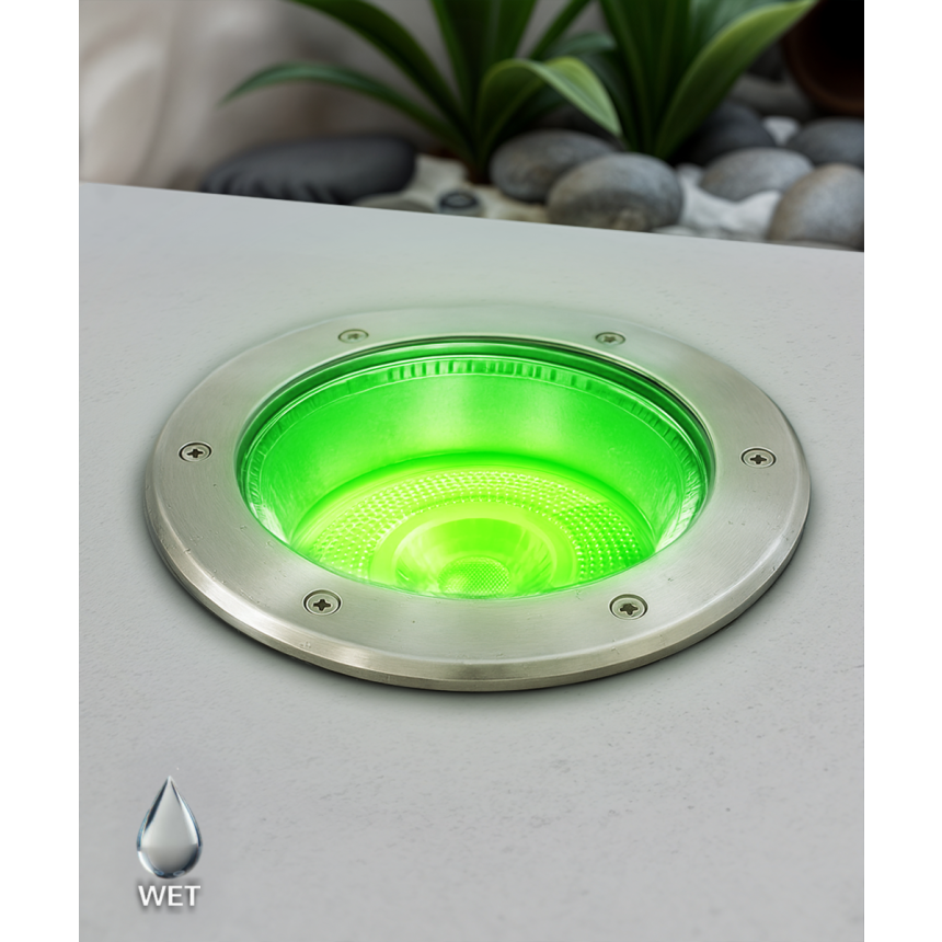 Alcon 9094 LED Well Light shown in a silver finish with green light