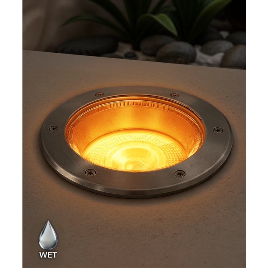 Alcon 9094 LED Well Light shown in a silver finish with turtle friendly light