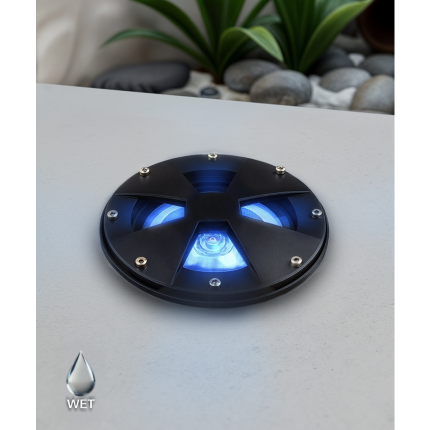 Alcon 9045 LED Well Light shown in a black finish with a blue light