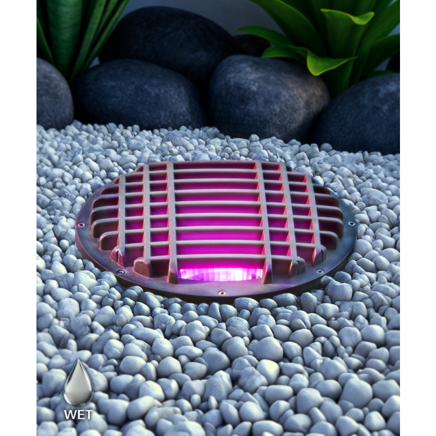Alcon 9101 RGBW LED Well Light shown in a bronze finish with a purple light