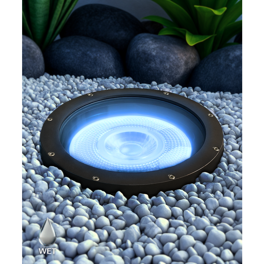 Alcon 9102 RGBW Color tunable in-ground can light shown in a dark bronze finish.