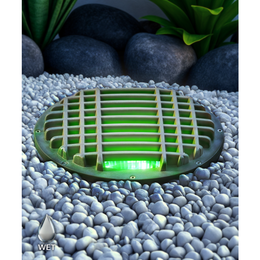 Alcon 9103RGBW LED Well Light shown in a bronze finish with green light.