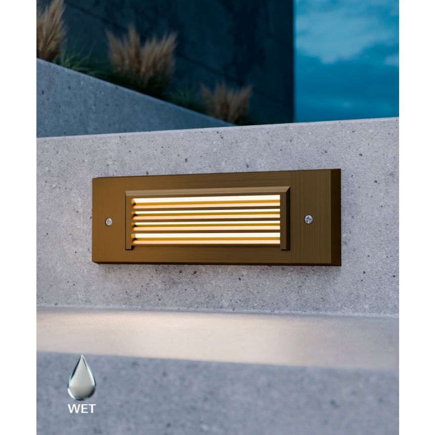 Alcon 9213 large rectangular louvered LED step light showed in Natural Bronze