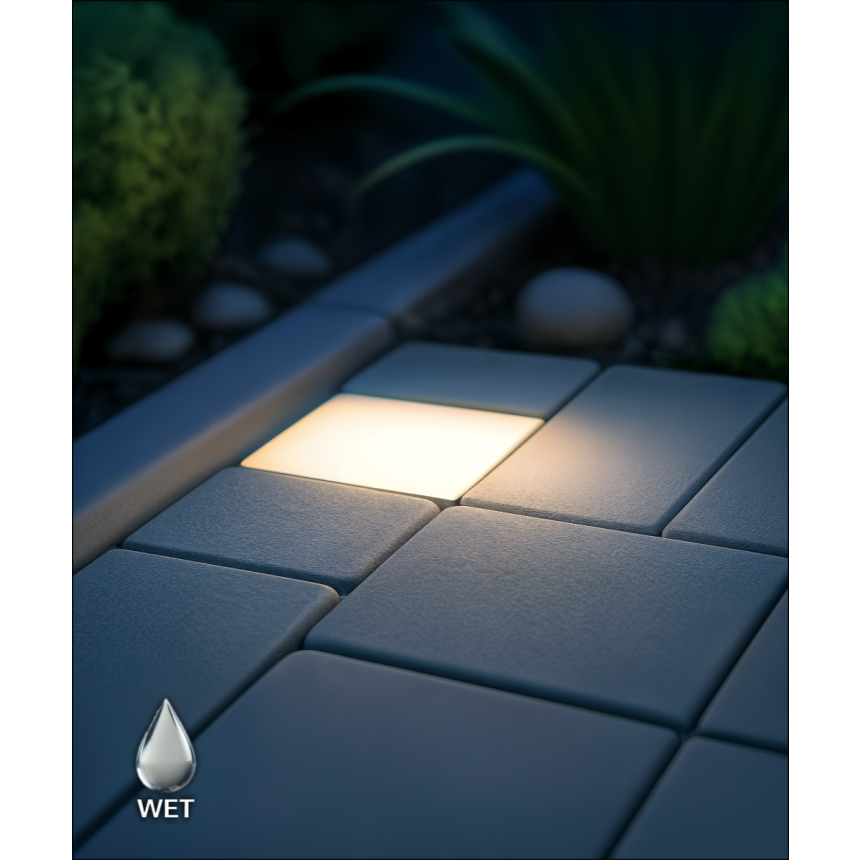 Alcon 9071-RGBW 5-inch in-ground LED well light shown with a circular aluminum light head.