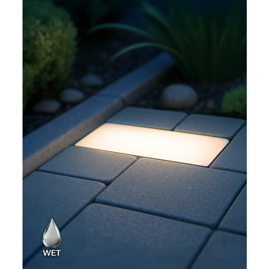 Alcon 9071-RGBW 5-inch in-ground LED well light shown with a circular aluminum light head.