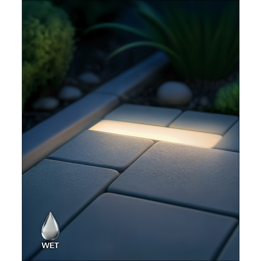 Alcon 9071-RGBW 5-inch in-ground LED well light shown with a circular aluminum light head.