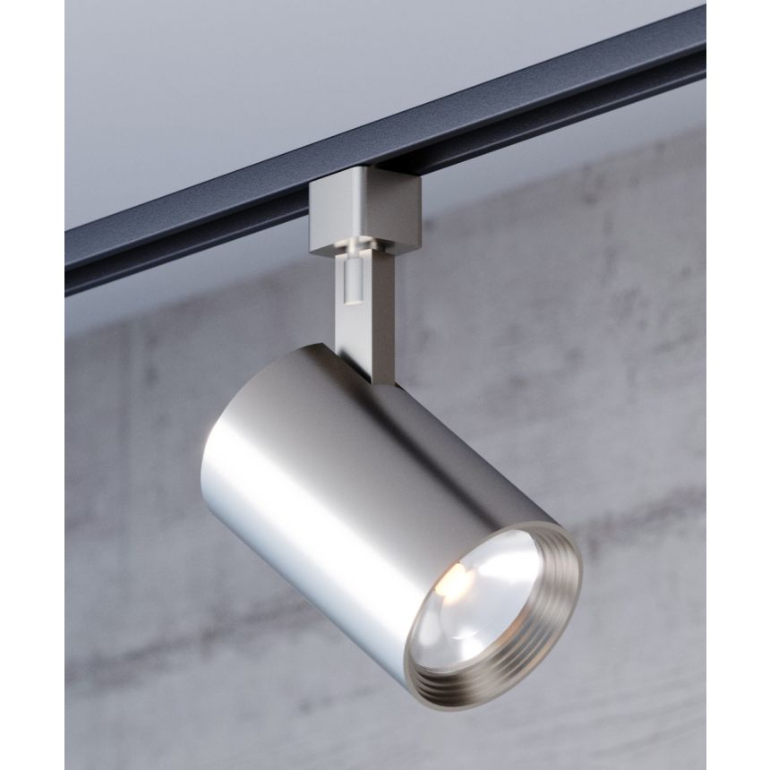Alcon 13114-SN LED Satin Nickel Cylinder Track Light Head shown in Satin Nickel finish with dimensions of 8.5" total length, 5.3" body length, and 3.5" diameter.