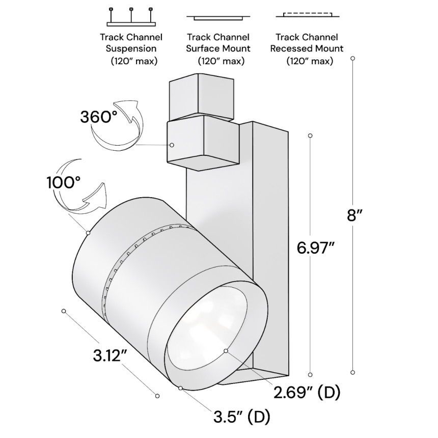 Alcon 13308 Architectural 3.5-Inch LED Track Light Head shown in a Black finish.