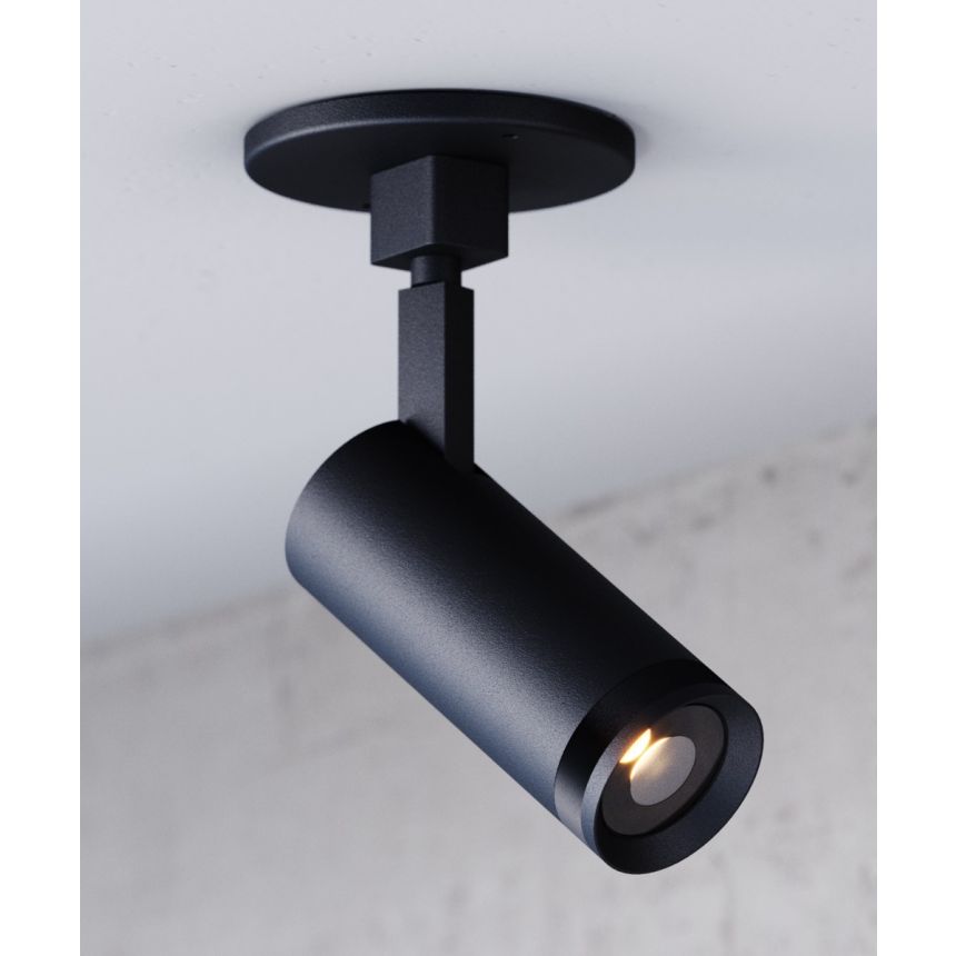 Alcon 13313-MR 2.7-Inch Adjustable Optics LED Round Monopoint Light with CCT Selection shown in black finish for indoor use with dimensions of 2.7" diameter, 6.25" length, and 9.5" full height
