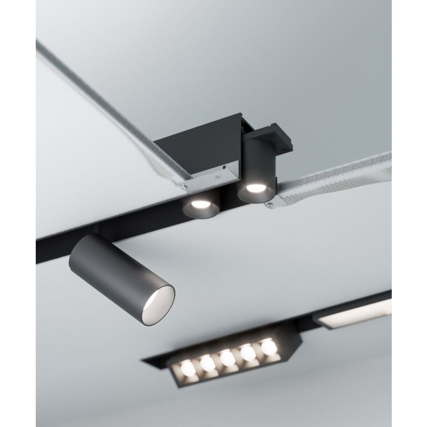 Alcon 15100 Modular Recessed System shown in Black on an adjustable length, 1.5" width and 2.6" height track with 14 accessories.