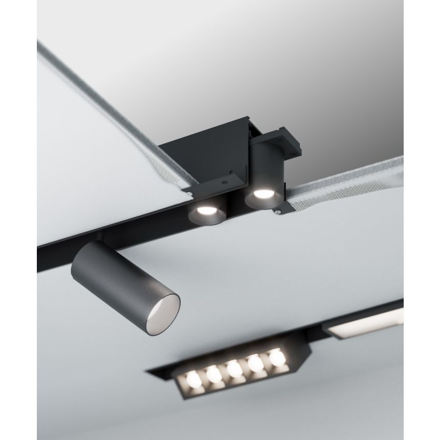 Alcon 15100 Modular Recessed System shown in Black on an adjustable length, 1.5" width and 2.6" height track with 14 accessories.