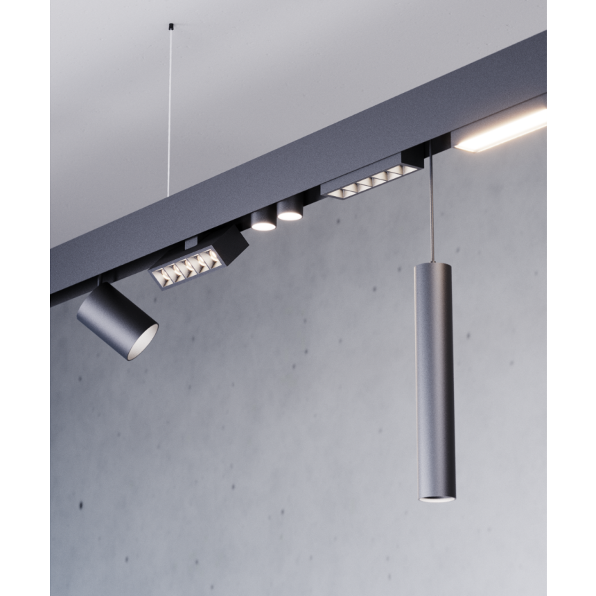 Alcon 15100 Modular Track System shown in Black on an adjustable length, 1.5" width and 2.6" height track with 14 accessories.