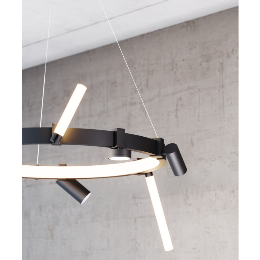 15115 modular pendant light shown in a black finish and with a flush trimless inner lens and downlight, spotlight and glowbar attachments