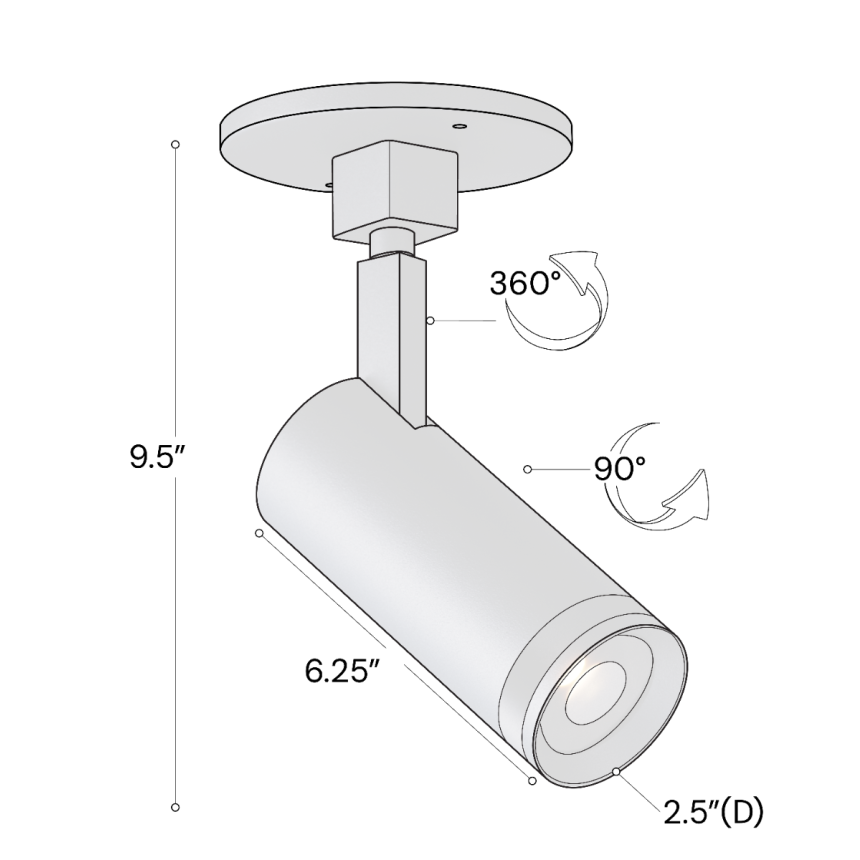 Alcon 13313-MR 2.7-Inch Adjustable Optics LED Round Monopoint Light with CCT Selection shown in black finish for indoor use with dimensions of 2.7" diameter, 6.25" length, and 9.5" full height