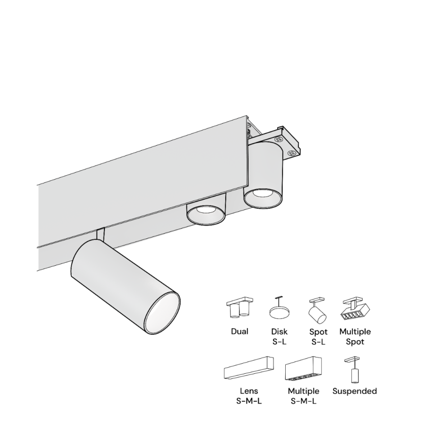 Alcon 15100 Modular Recessed System shown in Black on an adjustable length, 1.5" width and 2.6" height track with 14 accessories.