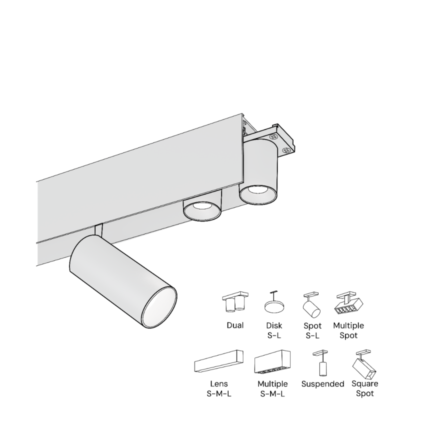 Alcon 15100 Modular Recessed System shown in Black on an adjustable length, 1.5" width and 2.6" height track with 14 accessories.
