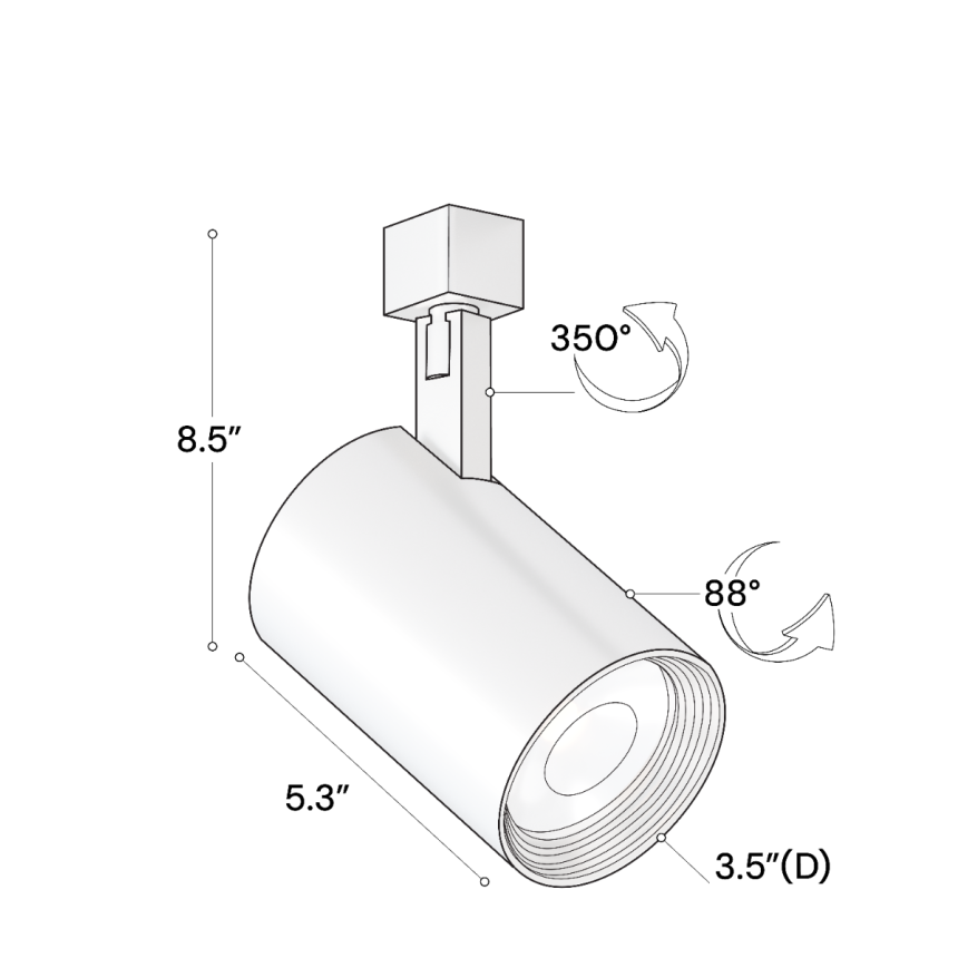 Alcon 13114-SN LED Satin Nickel Cylinder Track Light Head shown in Satin Nickel finish with dimensions of 8.5" total length, 5.3" body length, and 3.5" diameter.