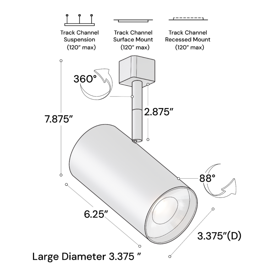 Alcon 14130-L 3.3125-Inch Cylinder LED Track Light Head shown in a Black finish.