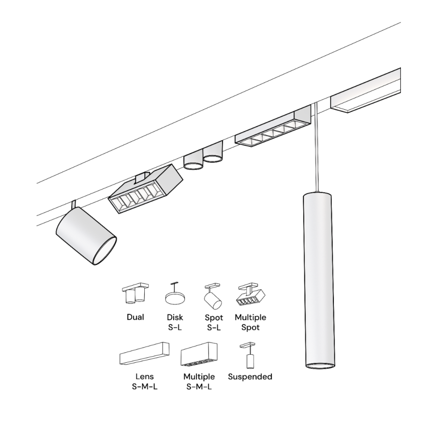 Closeup of 15100-P modular suspended light system with cylinder pendant, 5-cell multi-cell and dual-head downlight components