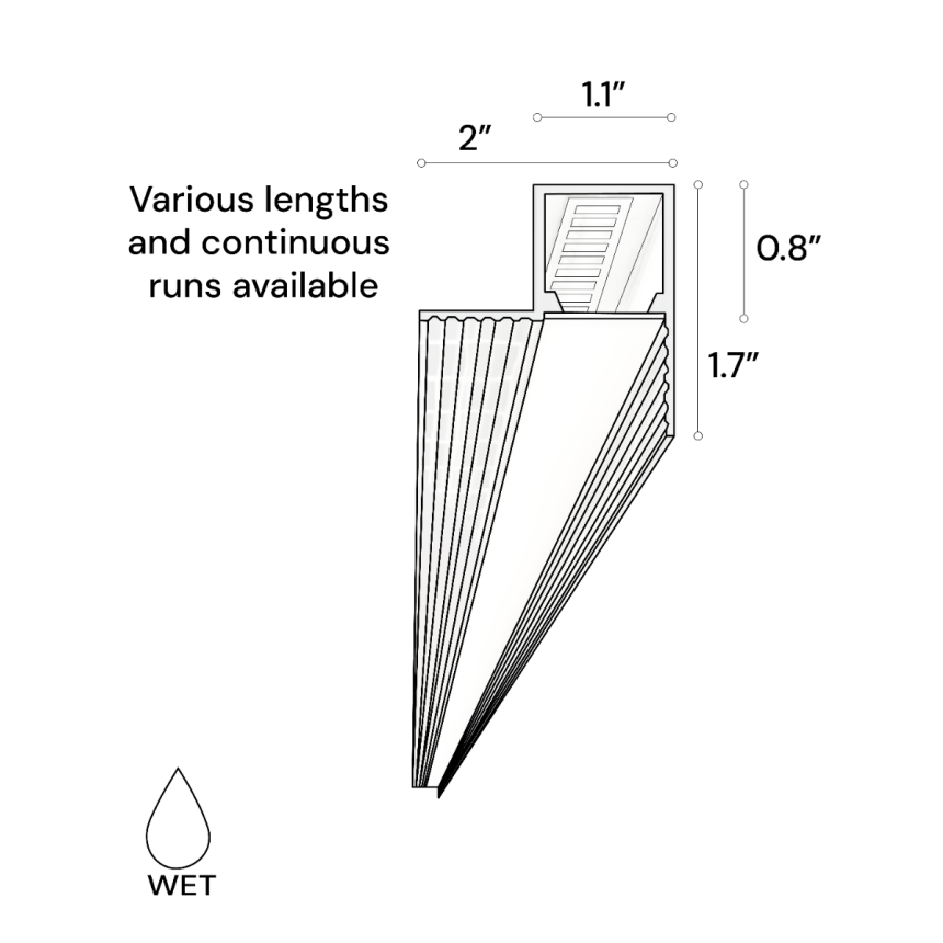 Alcon 12100-10-PR 1-inch perimeter wall wash trimless linear recessed LED light shown in a silver finish.