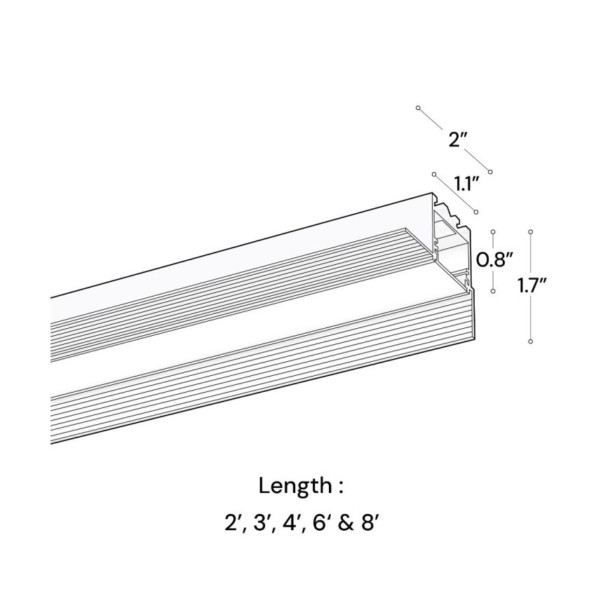 Alcon 12100-10-PR Linear Recessed Downlight shown in a White finish with dimensions of 1.7" tall, 2" wide, an aperture of 0.8", and available lengths of 2', 3', 4', 6', and 8'