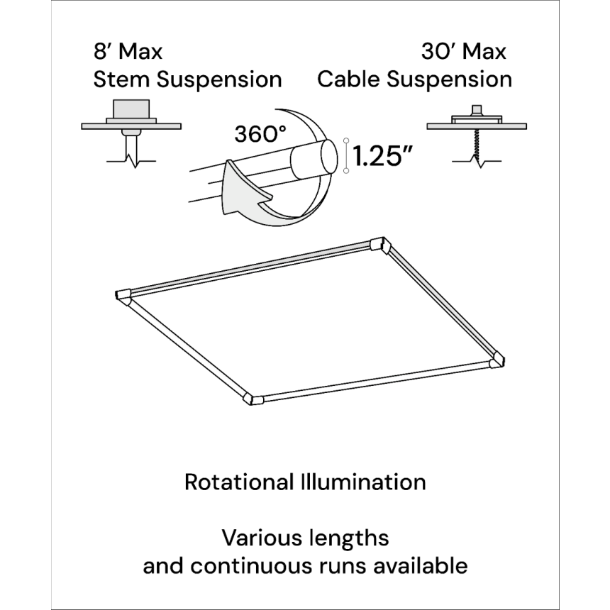 1-Inch Rotatable Square Suspended Linear Tube Light System