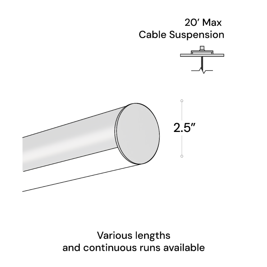 12100-R25 a 2.5" inch diameter linear tube pendant light shown in satin black finish with flush half-moon curved lens.