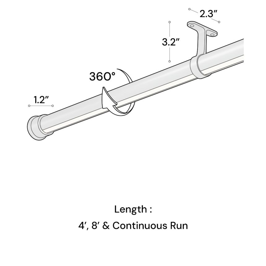 Alcon 14205 Rotatable LED Lighted Closet Rod shown in a Silver finish with dimensions of 3.2" tall, 2.3" deep, a diameter of 1.2", and available lengths of 4', 8', and continuous run.