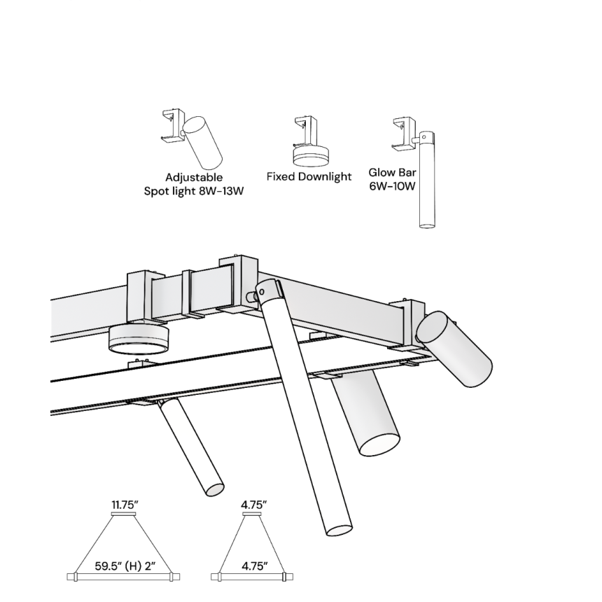 Alcon 15110 Modular Track System shown in Black on a 59.5" length, 18.75" width, and 2" height track and 11.75" length, 4.75" width, and 1.75" height canopy with 5 accessories