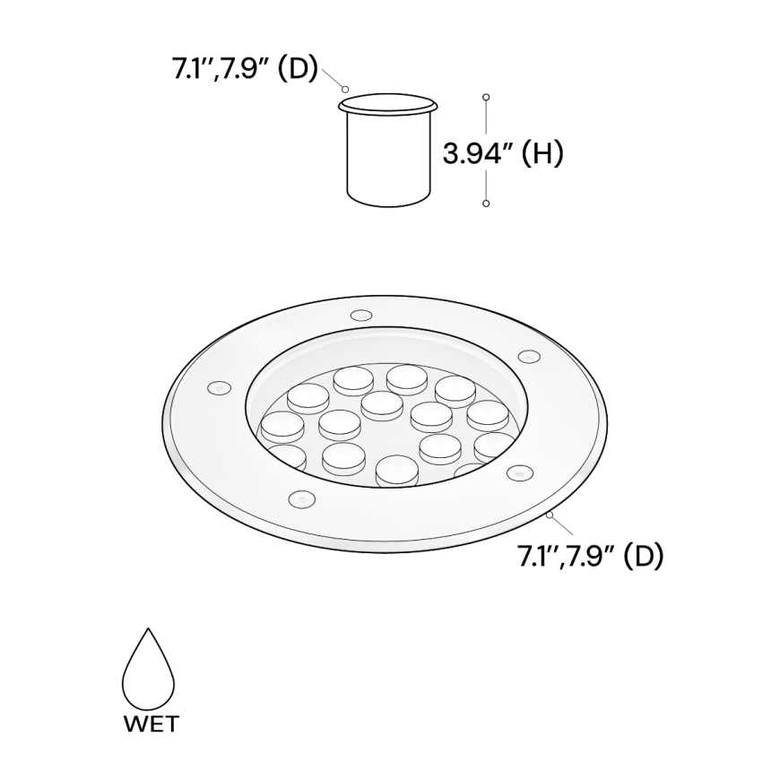 Alcon 9034-12 in-ground LED well light shown in a stainless steel finish with a 12-watt output.