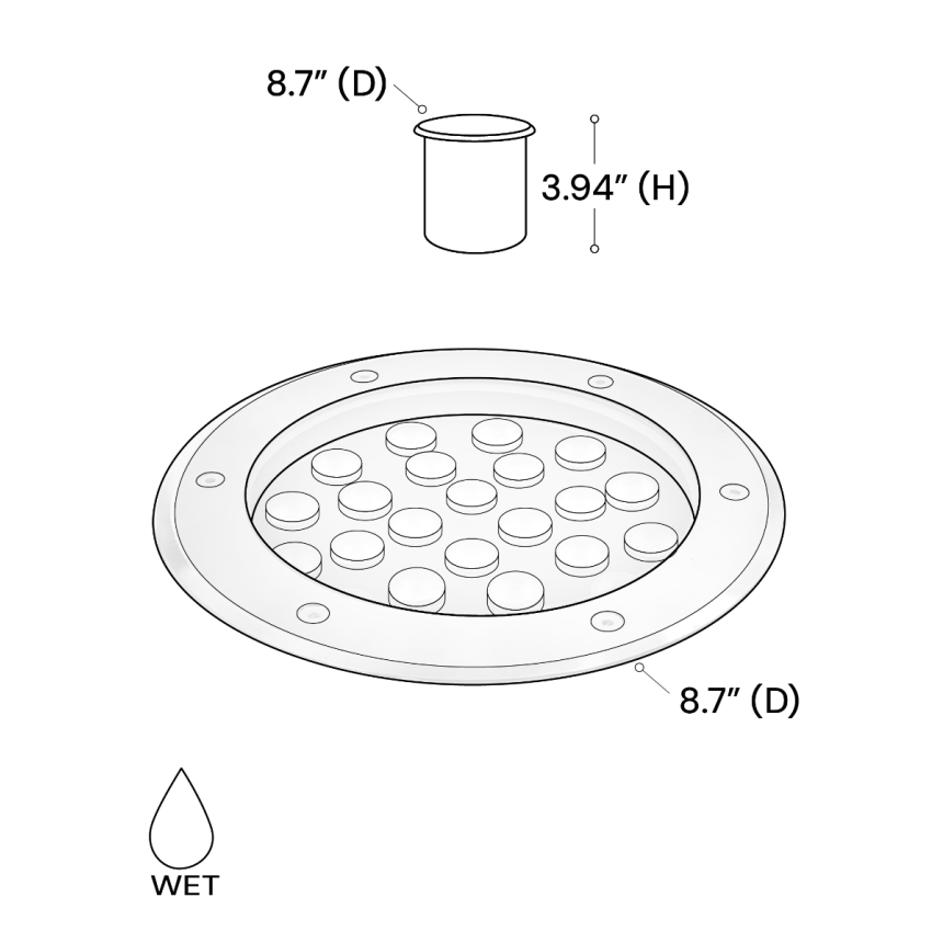 Alcon 9034-18 in-ground LED well light shown in a stainless steel finish with an 18-watt output.