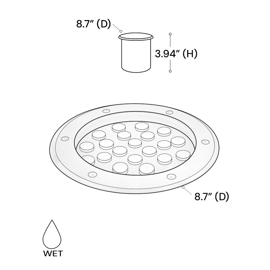 Alcon 9034-18 in-ground LED well light shown in a stainless steel finish with an 18-watt output.