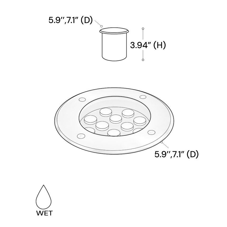 Alcon 9034-9-rgbw in-ground LED well light shown in a stainless steel finish with a 9-watt output.