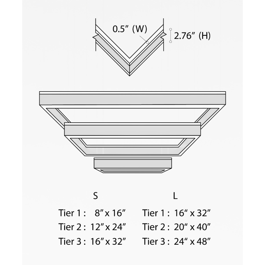 Alcon 12274-3-P, three-layered tiered suspended commercial rectangular pendant light shown in black finish and with a flush trim-less lens.