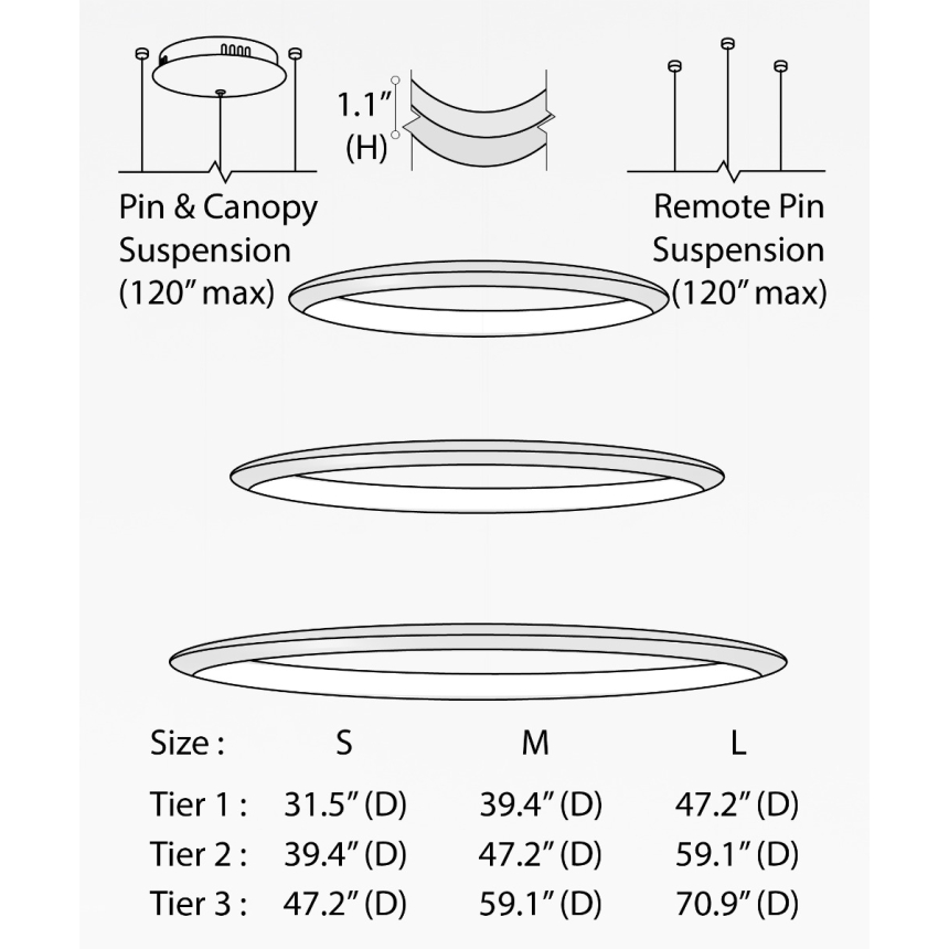 Alcon 12279-3-P, suspended commercial 3 tiered ring pendant light shown in black finish.