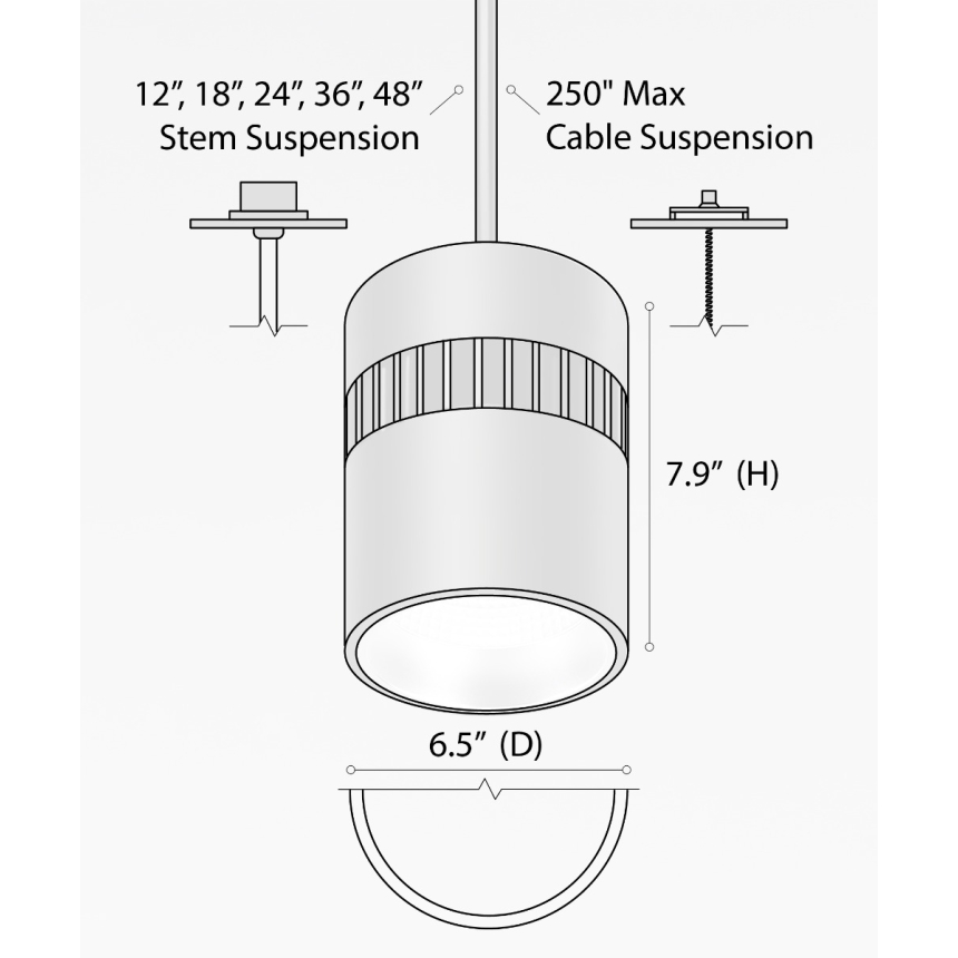 Alcon 12301-6-P, suspended commercial cylindrical pendant light shown with black fins and black housing finish.