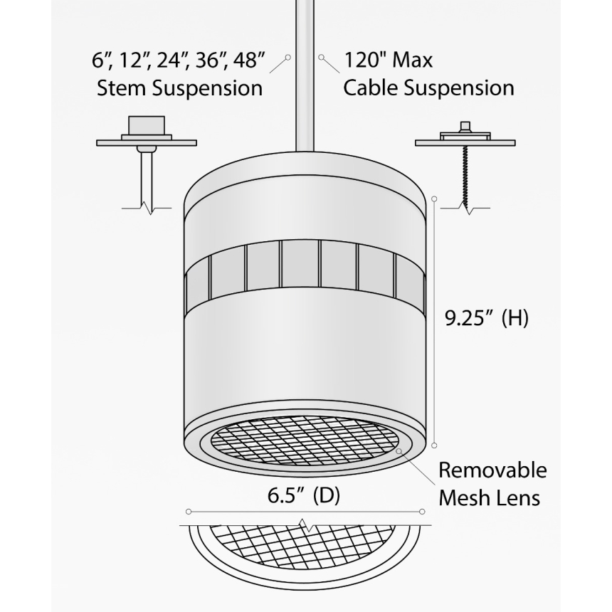 Alcon 12301-8-P, suspended commercial cylindrical pendant light shown with black fins and black housing finish.