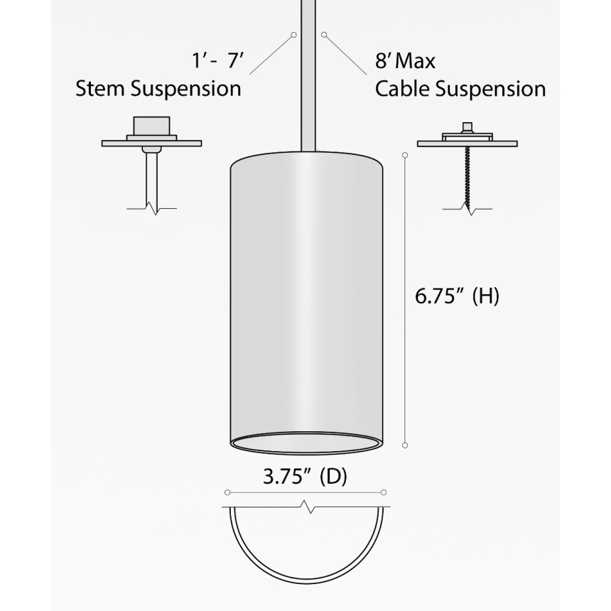 Alcon 12303-P, suspended commercial beveled-lens cylindrical pendant light shown in black finish.
