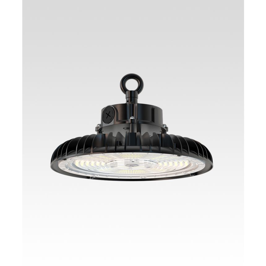 Alcon 15130, suspended commerciaal pendant light shown in black finish and with an inset trimmed lens and chain hanging cable.