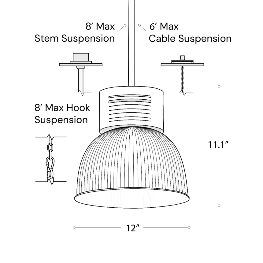 Line drawing showing the dimensions of the 15209-12 high bay and low bay LED light