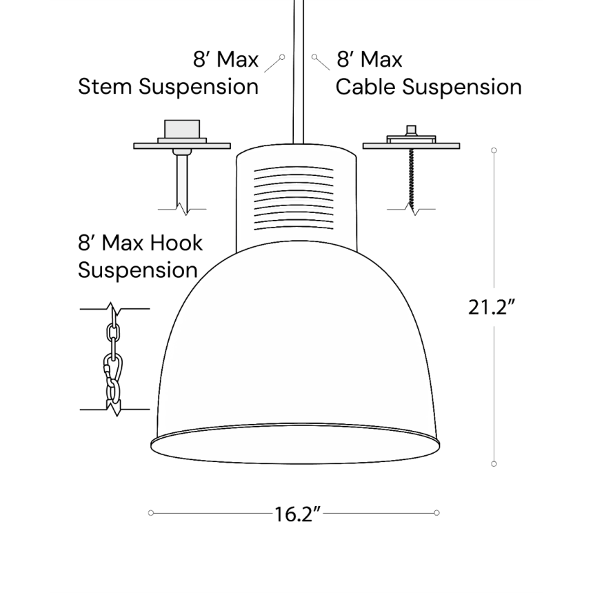 Line drawing showing the dimensions of the 15209-16 high bay and low bay LED light