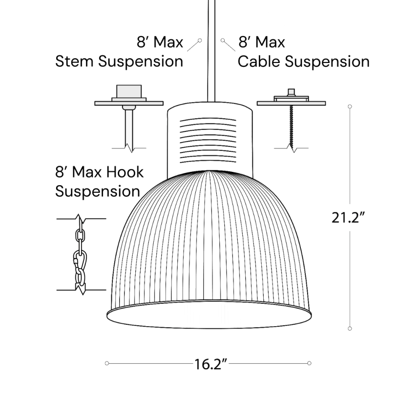 Line drawing showing the dimensions of the 15209-16 high bay and low bay LED light
