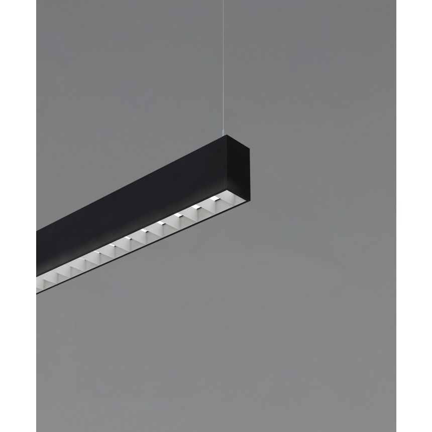 12100-12-P-L linear LED pendant light shown with black finish and 1-inch louver lens to reduce glare