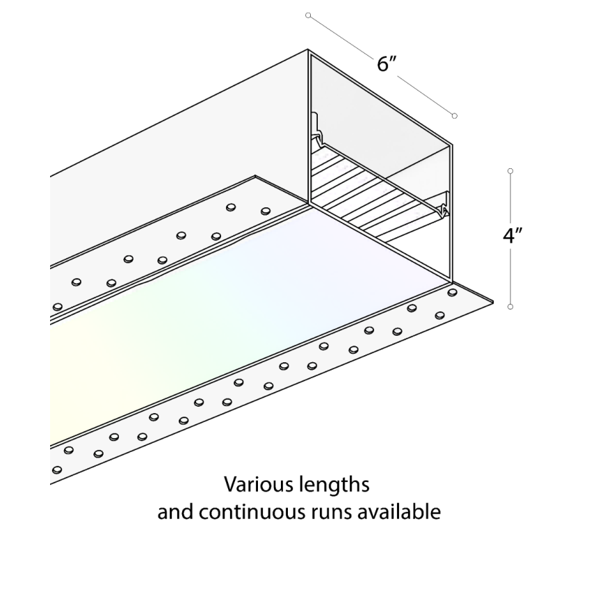 Alcon 12100-66-R-RGBW, recessed linear ceiling light shown in white finish, with a flush trim-less lens, and color changing capabilities. 