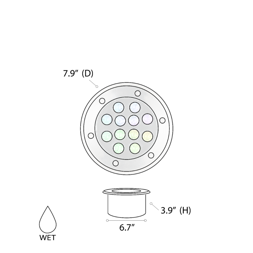 Alcon 9034-12 RGBW Color tunable in-ground can light shown in a silver finish.